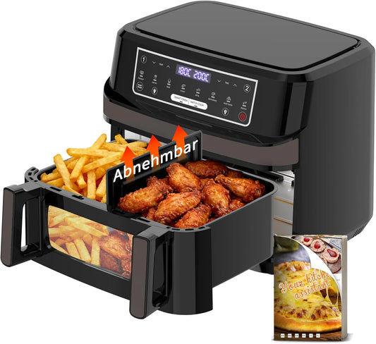 Friteuse à air chaud, Air Fryer 12L, Chaud XXL Mode Flexible 1 ou 2 Zones, puissance 2600W Double Chauffage Contrôle Indépendant Fenêtre et Éclairage