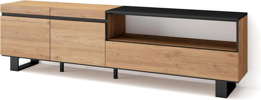 Meuble TV, pour Les TV jusqu'à 80', Banc Télé, Design Industriel, Chêne et finition noire, dimensions 200x57x35cm, Skraut Home, Style Moderne