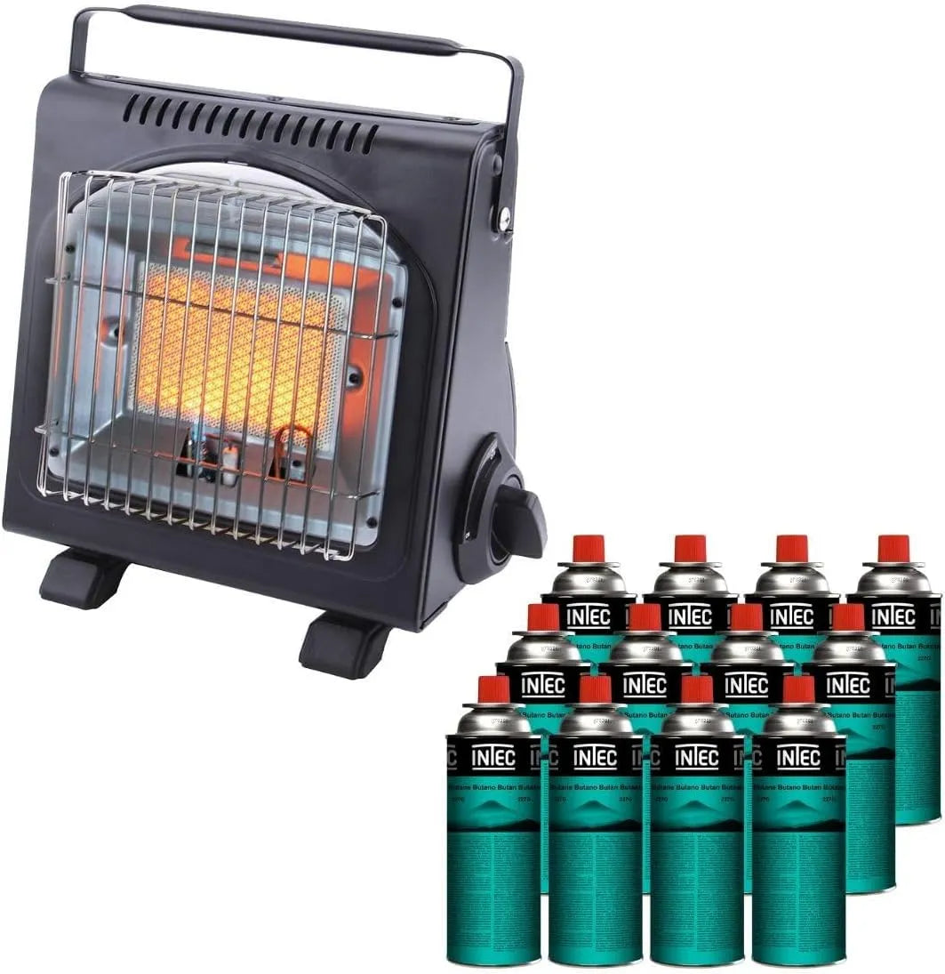 INTEC, Chauffage à Gaz Portable 1700W + 12 Cartouches Butane Incluses, Allumage Piezo Sécurité Anti-Basculement & ODS, Idéal Camping, Van, Pêche