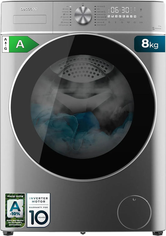 Cecotec lave-linge 8800 16prog, puissance 2000W, faible consommation, chargement automatique, Inverter Plus, SteamMax, écran tactile XXL.