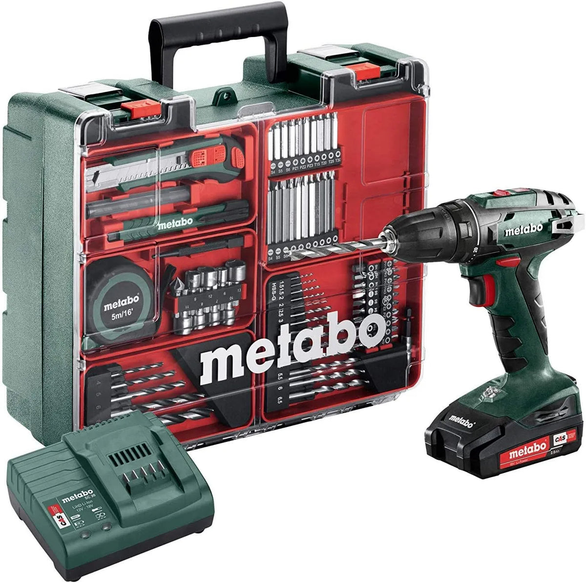 Metabo perceuse 602207880, SAS visseuse bs 18 set + 2 batteries 18v 2.0ah, chargeur + c t atelier mobile