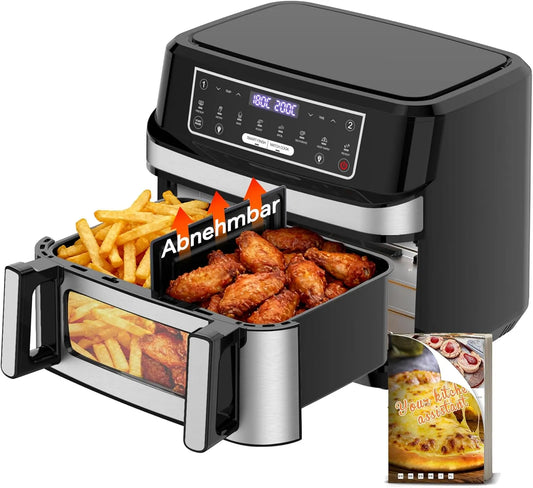 Friteuse à air chaud, Air Fryer 12L, Chaud XXL Mode Flexible 1 ou 2 Zones, puissance 2600W Double Chauffage Contrôle Indépendant Fenêtre et Éclairage