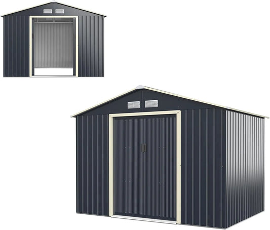 Abri de jardin, 4 Fenêtres d'Aération et 2 Portes Coulissantes, en Métal Avec Toit à Pignon