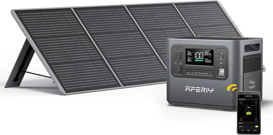 Générateur électrique LiFePO4 220V-240V IP65 AFERIY, Solaire 2400W avec 200W Panneau Solaire, 2048Wh Batteries, Sorties AC, pour Camping, Maison