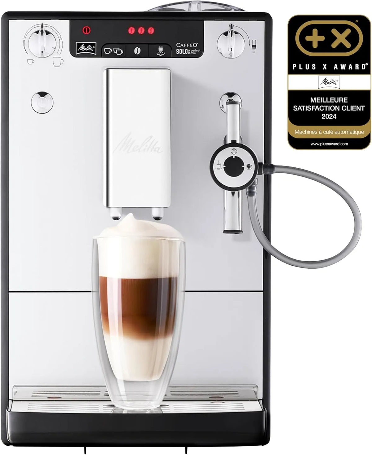 Melitta machine à café E957-203, Mode 1 à 2 Tasses, puissance 1400W, Solo & Perfect Milk finition argentée, Auto Cappuccinatore, Affichage LED