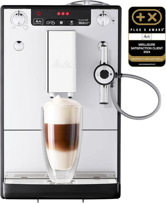 Melitta machine à café E957-203, Mode 1 à 2 Tasses, puissance 1400W, Solo & Perfect Milk finition argentée, Auto Cappuccinatore, Affichage LED