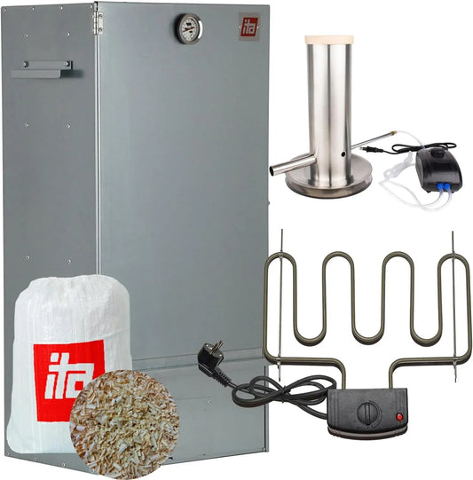 Fumoir 7001 ITA, 81 cm avec 3 niveaux, générateur de fumée, Armoire à fumage avec thermomètre, Électrique, Acier allié, Set Smoker avec chauffage