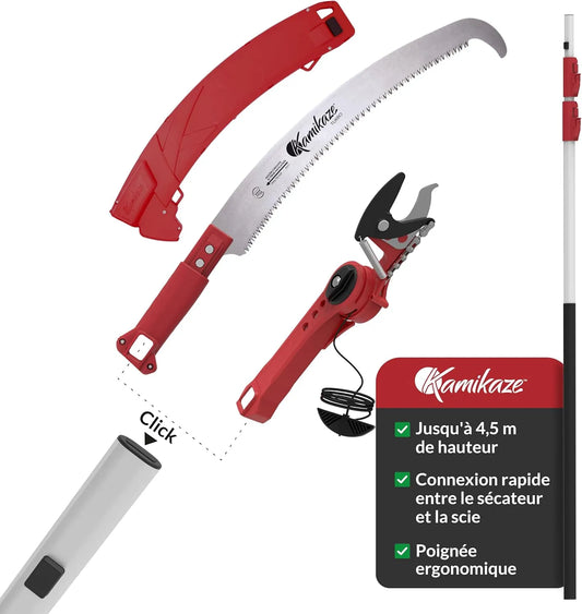 D'Élagage en Hauteur 2 en 1 Kamikaze Kit, Coupe-Branche Télescopique avec Sécateur Télescopique + Scie Télescopique, Tête Rotative, Attache Rapide