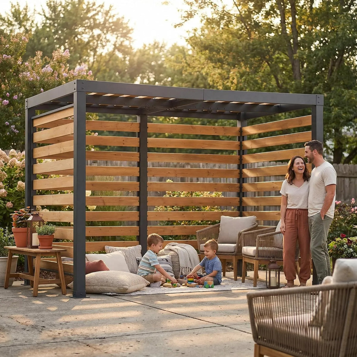 Chaise, SUNJOY Pergola Cèdre & Acier 3x2m, Pavillon Jardin Extérieur Résistant au Vent & Eau, Double Crochets pour à Œufs, Terrasse & Patio