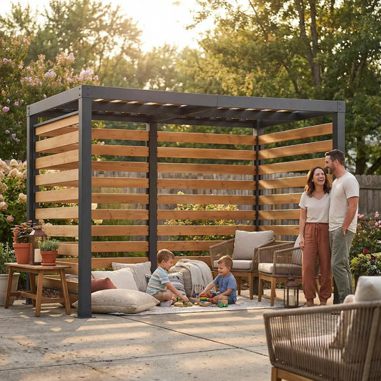 Chaise, SUNJOY Pergola Cèdre & Acier 3x2m, Pavillon Jardin Extérieur Résistant au Vent & Eau, Double Crochets pour à Œufs, Terrasse & Patio