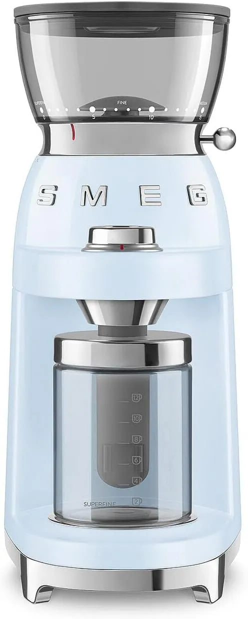 Smeg modèle CGF03PBEU, Broyage à 15 degrés, Réservoir de grains de café, Système antistatique, puissance 150 W, Moulin à café, Bleu clair