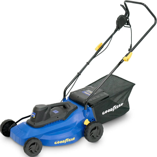 Tondeuse Goodyear, électrique 1 200 W, Largeur de Coupe 32 cm, Hauteur réglable 25/45/65 mm, Sac de 35 L, Moteur 3 300 TR/Min, légère et compacte