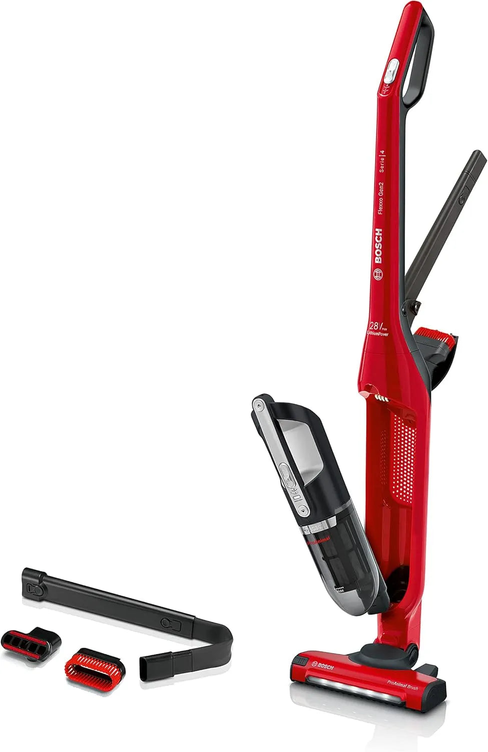 Bosch aspirateur balai BBH3ZOO28 2en1 28Vmax, 2 niveaux de vitesse, 2 niveaux de vitesse, Rechargeable, Rouge, Electroménager Série 4