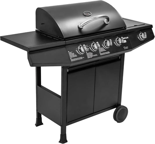 Barbecue à gaz GRILL-4F Amig, dimensions 126x52x103 cm, Acier Inoxydable finition noire, Grille XXL monté sur roues et thermomètre