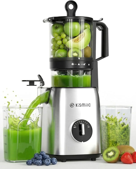 Extracteur de jus, Kismile Presse-agrumes à froid, entrée d'alimentation extra large, sans BPA, bouton, lent de 135 mm, haut rendement