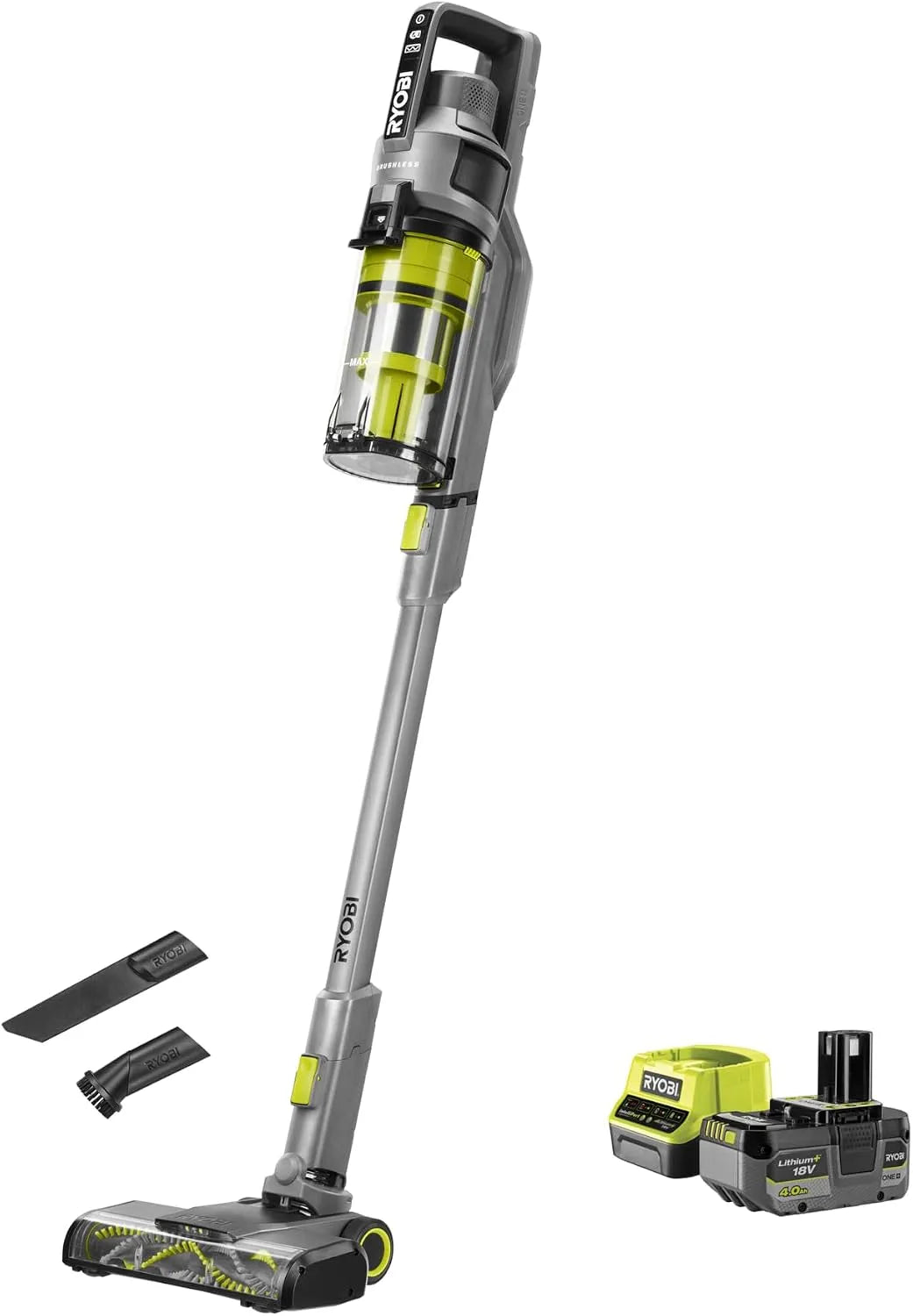 Ryobi aspirateur balai RSVS18BL-1C40G, capacité 800 ML, Chargeur Rapide 2,0 A, BRUSHLESS Moteur sans charbons 18V sans Fil, 1 Batterie Lithium+ 4,0 Ah