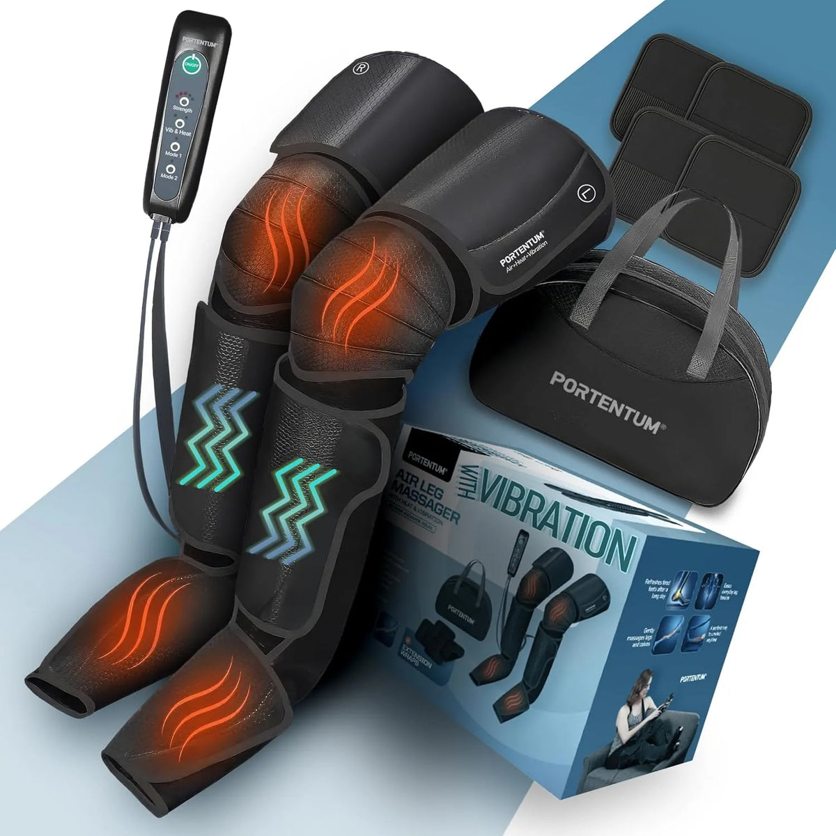 Pressothérapie jambes avec chaleur et vibration réglables PORTENTUM Bottes, 5 intensités, Télécommande, Favorise le drainage lymphatique jambes