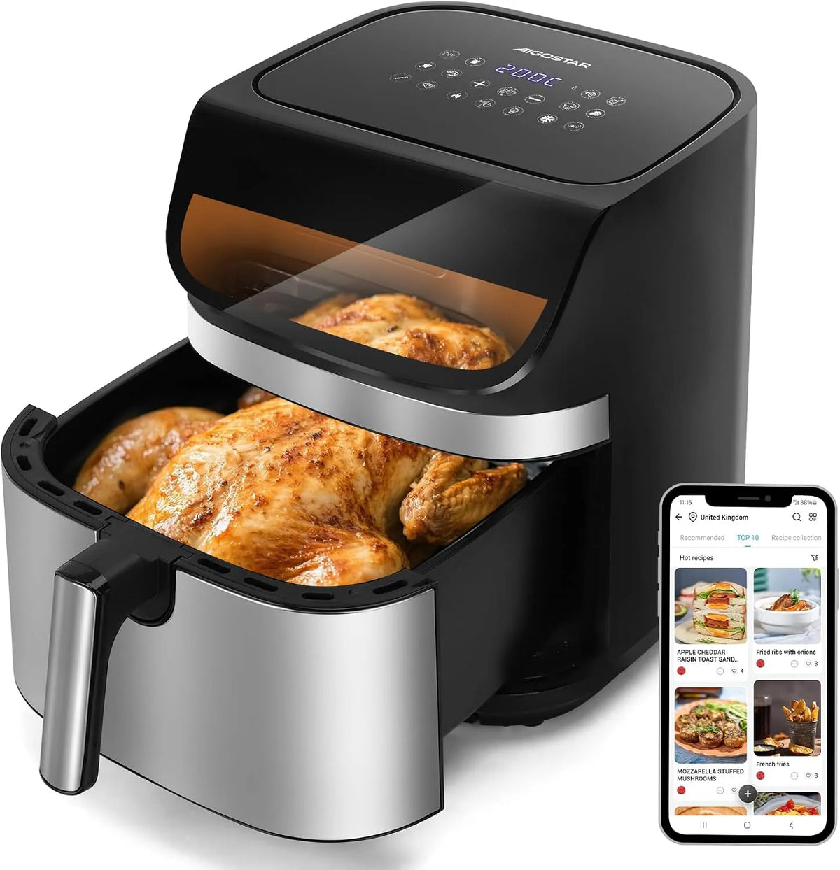 Fryer XXL Airfryer Aigostar Air, Économie d'Énergie 55%, Fryer XXL 8,8L Airfryer 2200W, Friteuse sans Huile 13 Programmes, Intérieur Inox