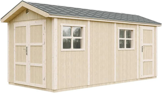 Abri de jardin H252x250x530 M915C, Qualité 8.52 + 2.95 m², cm, Construction de Panneaux LP Smartside, avec Un Sol et des bardeaux bitumineuxs, Timbela