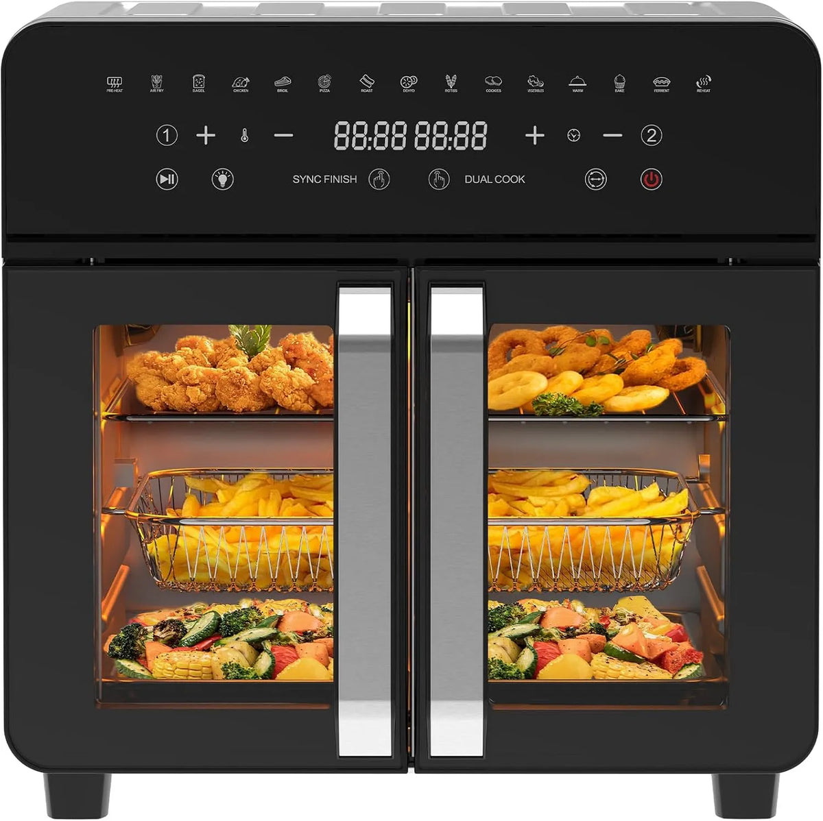 Friteuse à air chaud, 15 Programmes, 12 Accessoires, Air Fryer Oven, iceagle Friteuse Sans Huile 23L Dual Zone, puissance 2200W