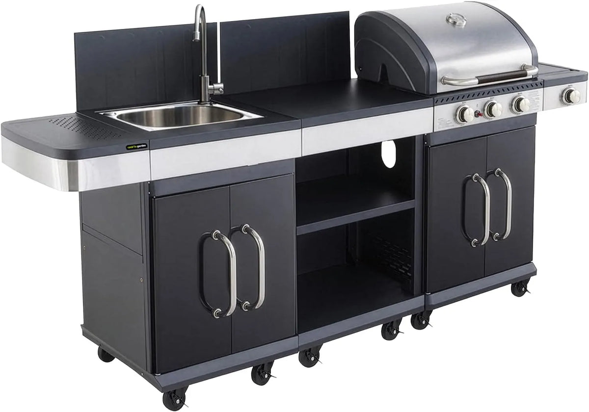 Barbecue à gaz, Cuisine extérieure modulable FIDGI 3 avec housse, 3 brûleurs avec thermomètre, desserte fonctionnelle et évier intégré