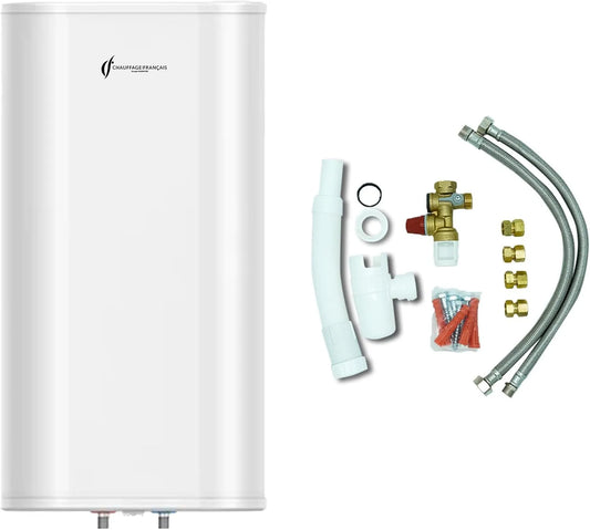 Chauffe Eau, Electrique Plat Mural Multipositions Valorie Sannover 100 Litres + Kit d'Installation Complet NF