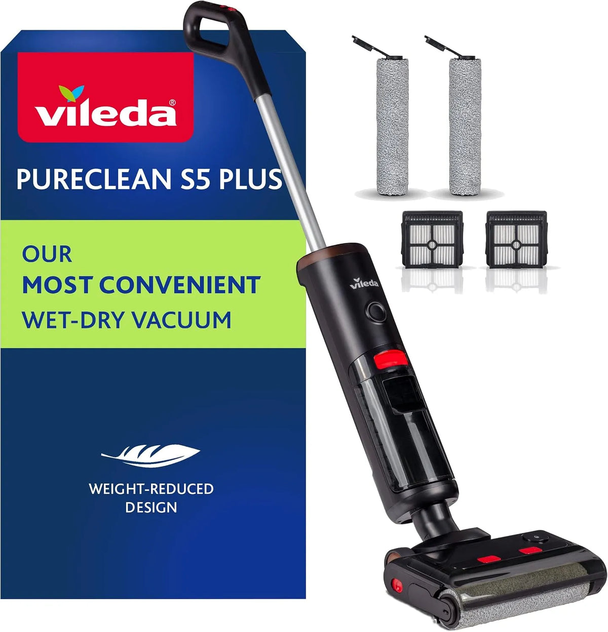 Vileda aspirateur, 2 rouleaux et 2 filtres au total, Auto-Nettoyant, finition noire, PureClean S5 Plus Laveur sans Fil Sec et Humide
