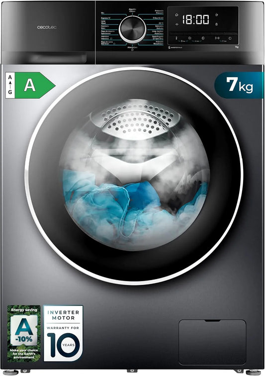 Cecotec lave-linge 7500, 16 programmes, Steam Max, Révolutions programmables, Affichage., 1400 tr/min, classe énergétique A, Allergy Care