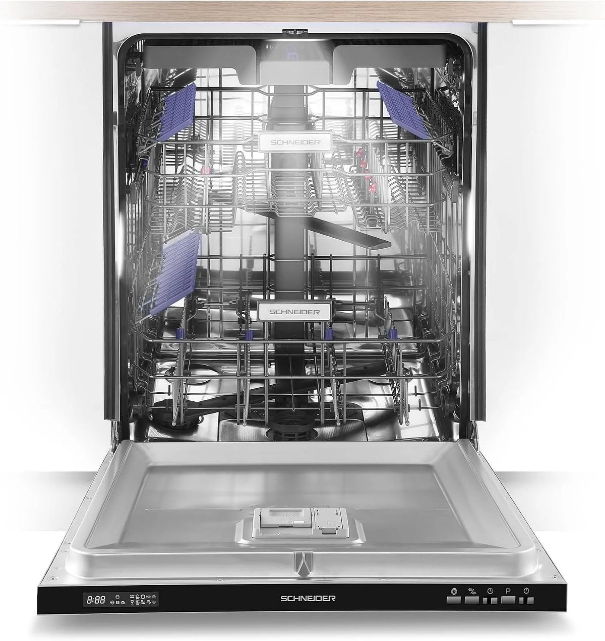Modèle SCLT6842CB SCHNEIDER, 16 couverts, Moteur à induction, Lave vaisselle tout intégrable, Tiroir à couverts, Départ différé, Option demi charge