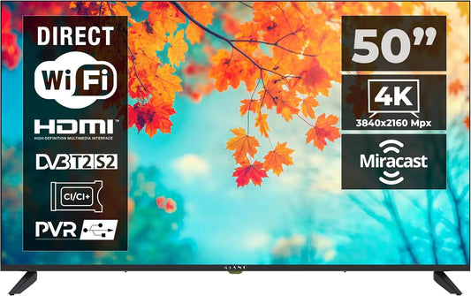 Téléviseur 3840 HDR10 VESA 200 KIANO, 4K UHD, Triple Tuner DVB-T2, 3 Ports HDMI, ×300, Wi-FI, Design Métallique, Intelligent 50' Elegance, S2