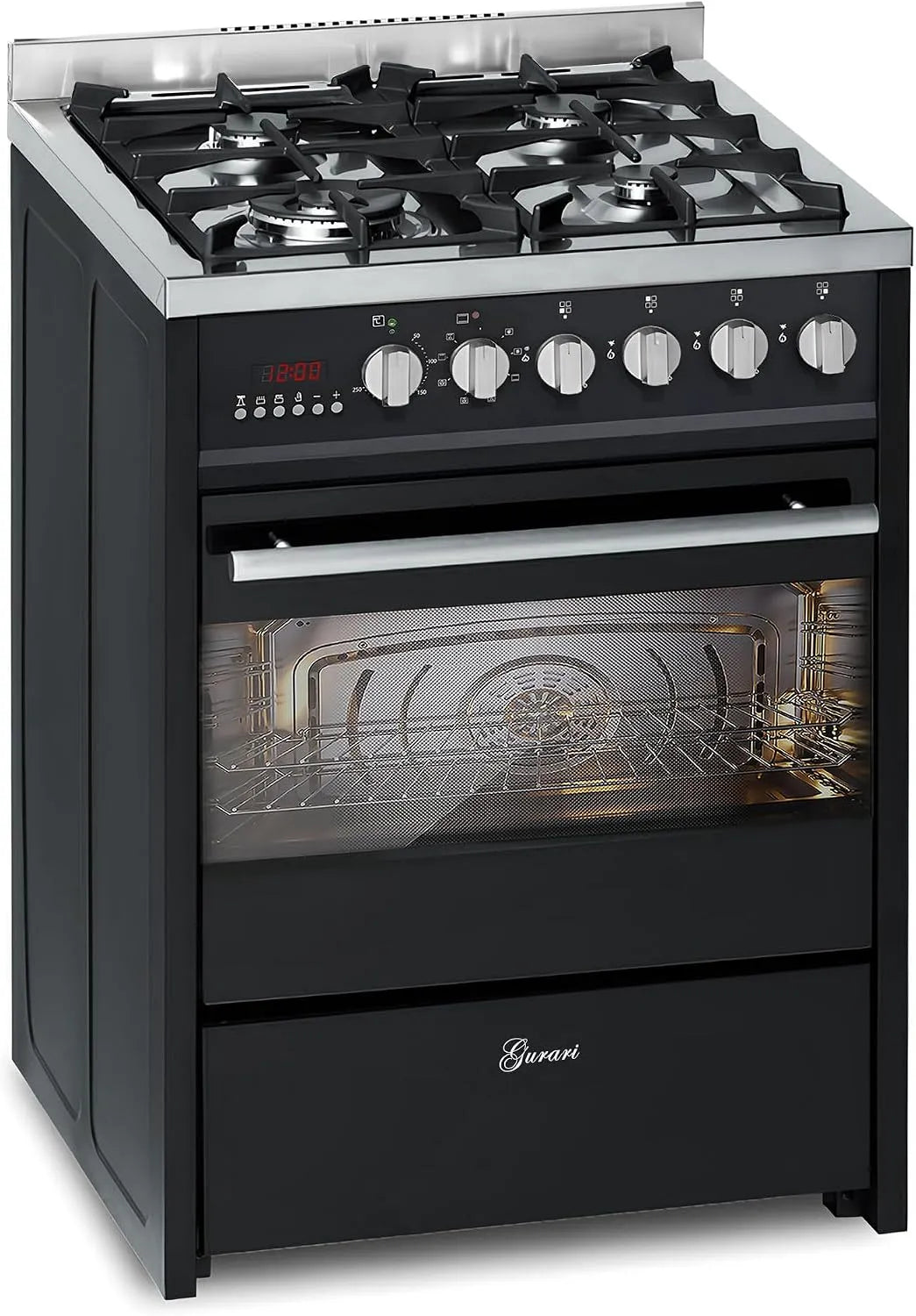 Cuisinière à gaz, avec four électrique GCH E 610 BL, Multi four 60 l, puissance 4 kW, Cuisinière 60 cm en finition noire, WOK, Range Cooker