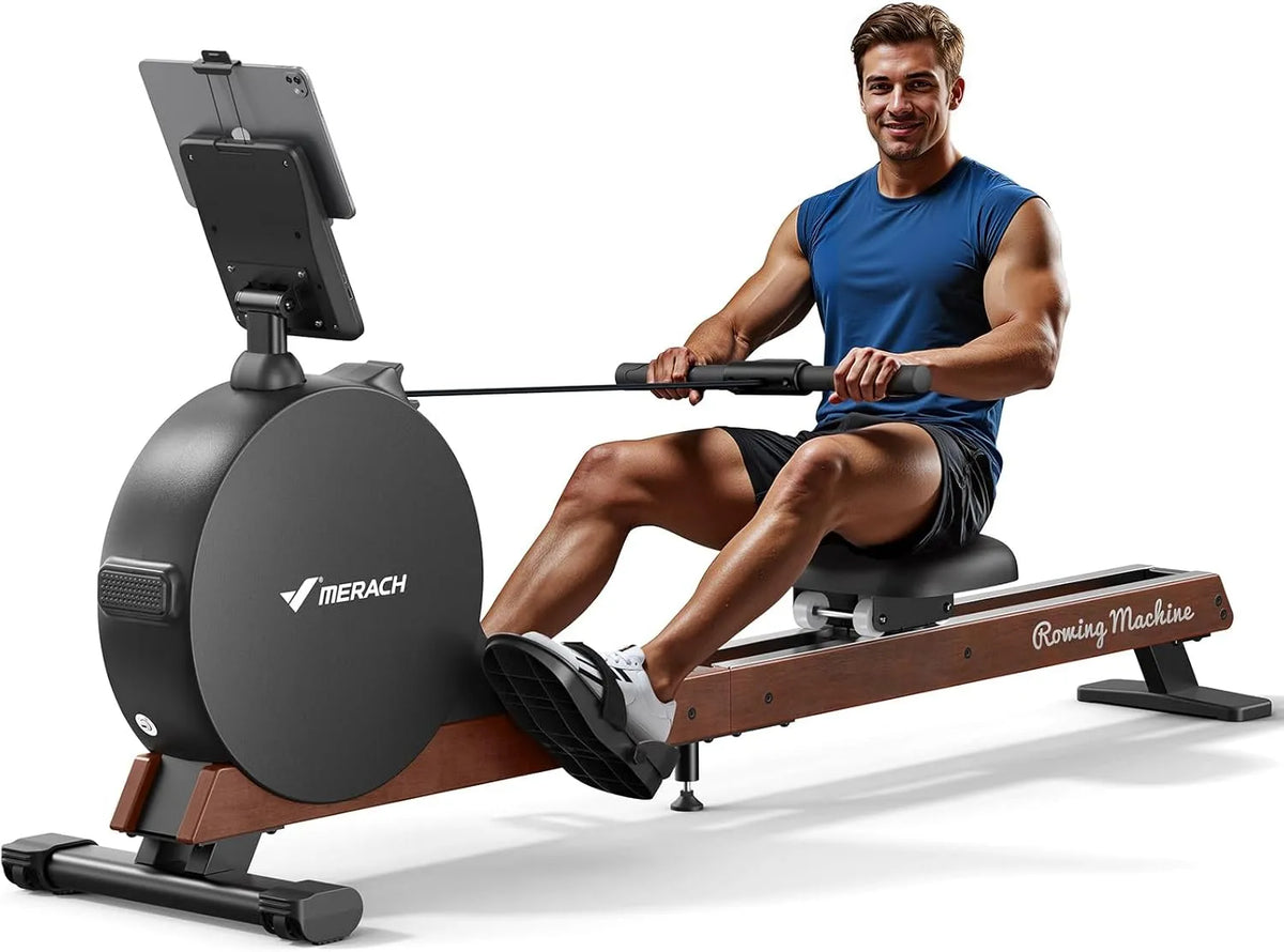 Générateur électrique, résistance magnétique maximale améliorée de 60 kg, MERACH Rameur Musculation D'appartement, Doubles Rails en Bois, Auto