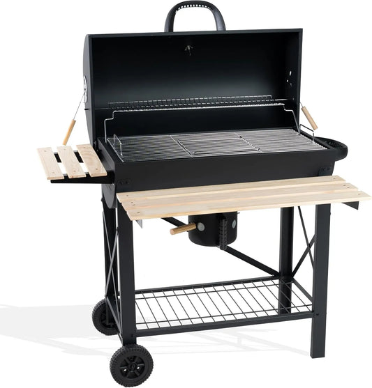 Barbecue, 2 Tablettes en bois Rabattables, à Charbon Américain, Ravigarden, Extérieur avec grille 71x38 cm, Charbon de Bois XXL avec Couvercle