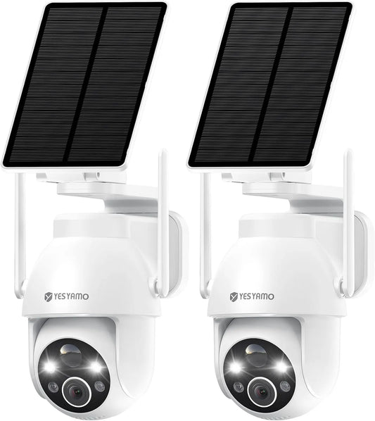 2K Camera Surveillance WiFi Exterieure sans Fil Solaire 2PCS 2.4GHz, 360° PTZ, Vision Nocturne Couleur, finition blanche, Audio Bidirectionnel