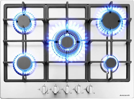Table de cuisson, à gaz 5 feux, Cuisinière à gaz en acier inoxydable avec protection automatique contre les flammes, Gaz naturel ou propane