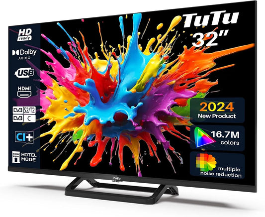 Téléviseur, TuTu Téléviseurs 32 Pouces, largeur 80 cm, Lecteur multimédia USB 2.0, Mode hôtel, T2, S2, HDMI x2, CI+, 2024, DVB-C, Dolby Audio