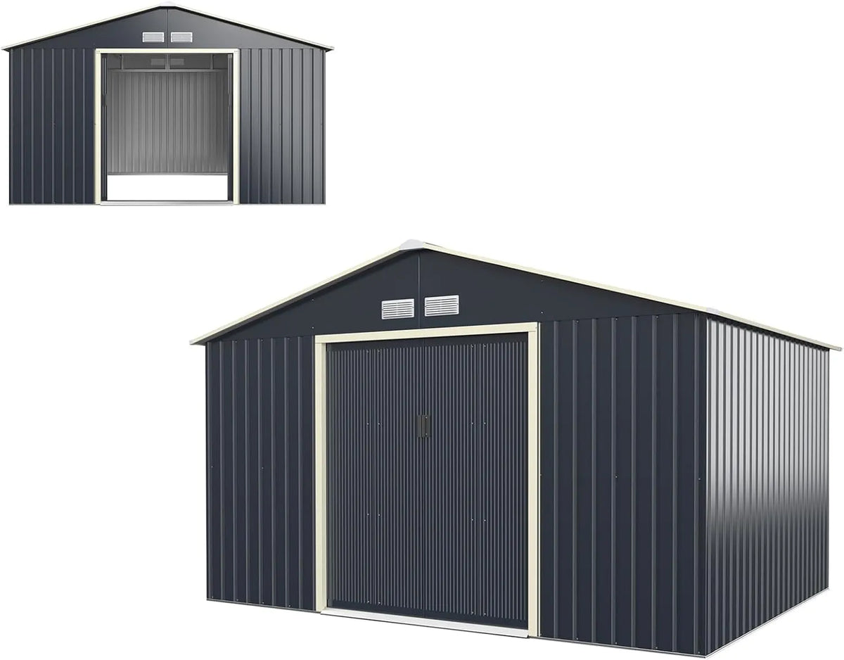 Abri de jardin, 4 Fenêtres d'Aération et 2 Portes Coulissantes, en Métal Avec Toit à Pignon