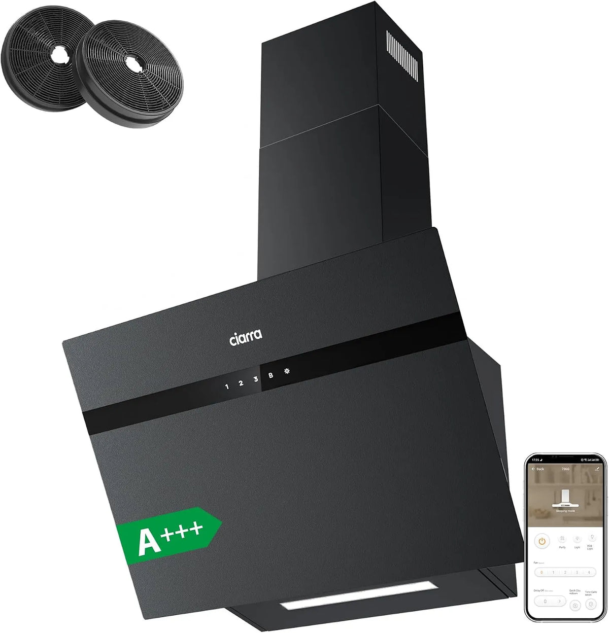 CIARRA hotte aspirante AS6736HG, Inclinée 60 cm classe énergétique A+++ 650m³, Commande Tactile- 3 niveaux de vitesse et Fonction Boost, 650m³/h