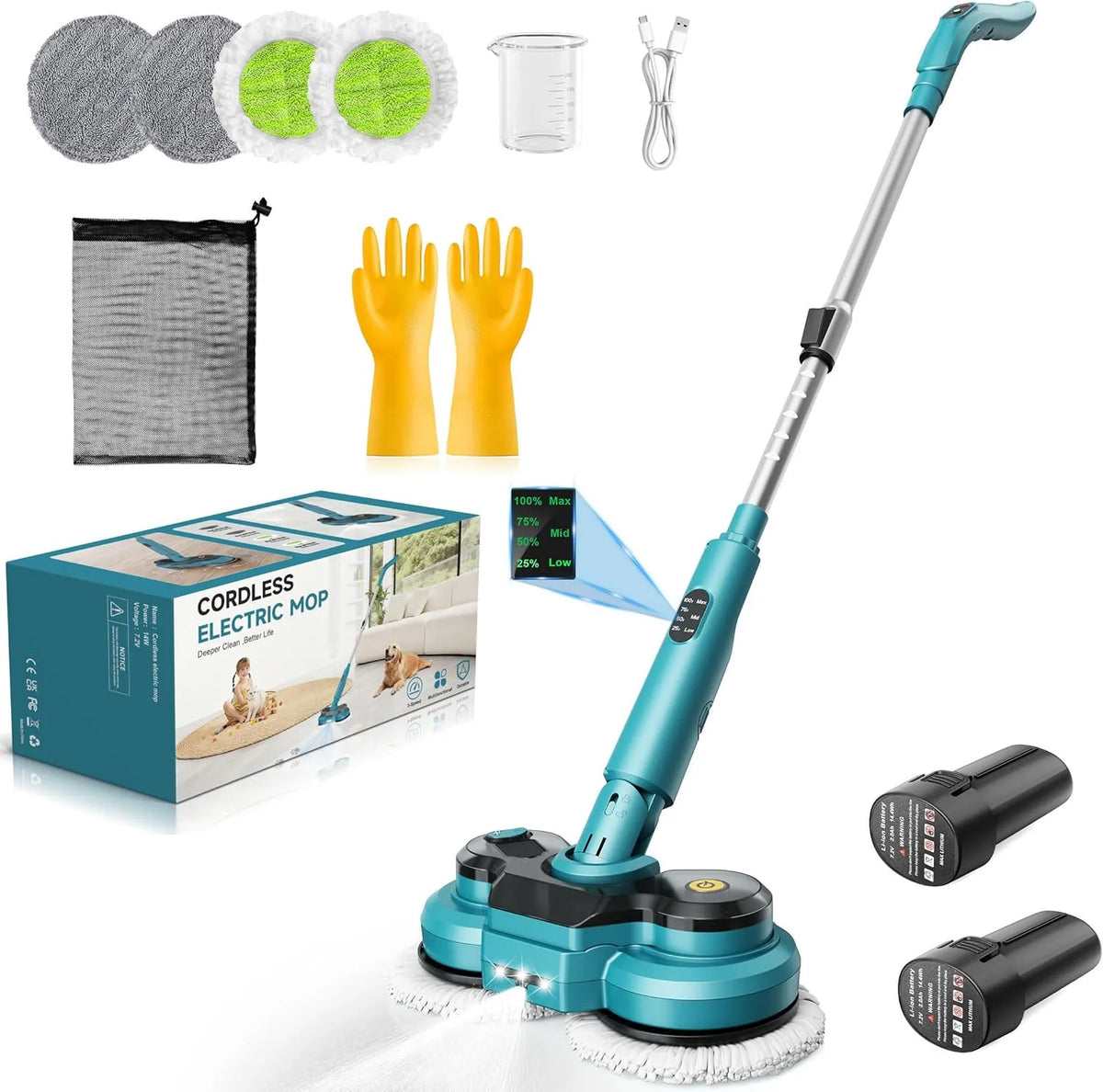 Sans Fil avec 2 Batteries de 2000 mAh Balai Électrique, Balai à Double Rotation avec Pulvérisateur, Écran Intelligent, Phare LED, à fonctionnement
