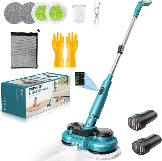 Sans Fil avec 2 Batteries de 2000 mAh Balai Électrique, Balai à Double Rotation avec Pulvérisateur, Écran Intelligent, Phare LED, à fonctionnement