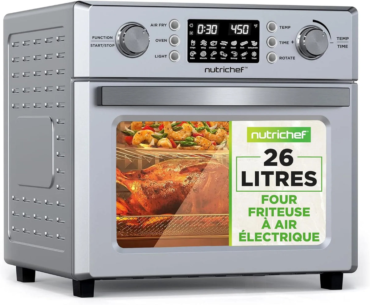 Friteuse à air chaud NutriChef Four, Mini Four de Comptoir à Convection,10 Programmes, Chaud 26L Électrique 1700W avec Rôtissoire, Panier de Friture