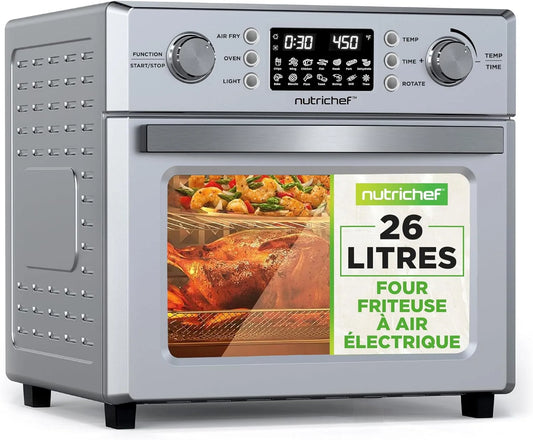 Friteuse à air chaud NutriChef Four, Mini Four de Comptoir à Convection,10 Programmes, Chaud 26L Électrique 1700W avec Rôtissoire, Panier de Friture