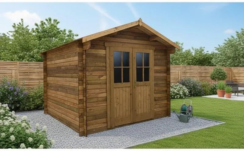 Abri de jardin, Plus, Bois Massif Traité 9m² 28mm, Rangement Extérieur Marron avec Toiture Voliges 20mm