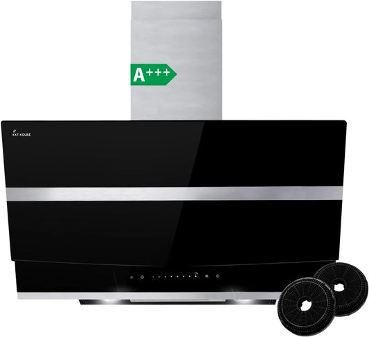 Hotte aspirante HERMES8005S, cuisine 80 cm, Hotte Murale Inclinées, acier inoxydable, arrête automatiquement, Opération tactile, verre finition noire