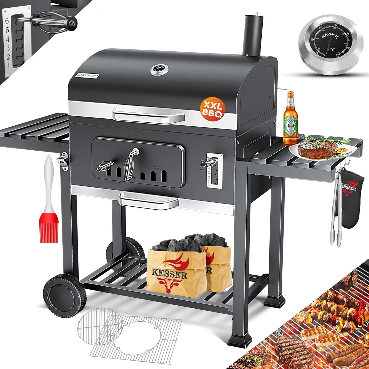 Kesser barbecue, Grill XXL à Charbon de Bois avec Couvercle, Roues, Grille et thermomètre, Chariot à, Grand au Charbon de Bois