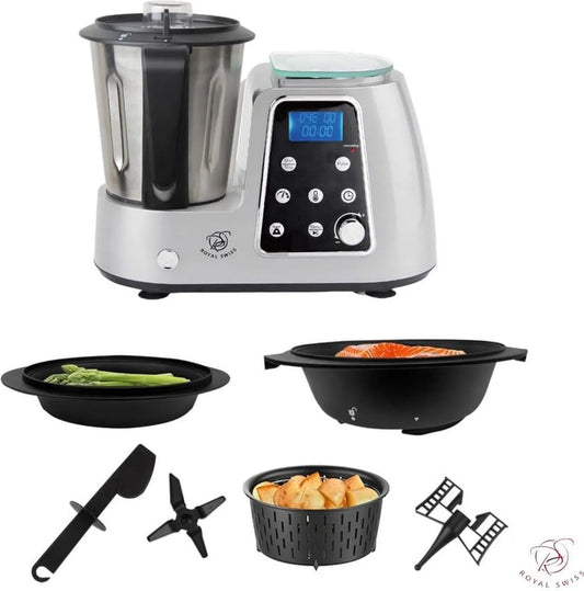 Robot de cuisine Royal Swiss, Multifonction 1800W, 5 Programmes Préréglés, 10 niveaux de vitesse, Bol Inox 2,5L, 10 niveaux de vitesse, Mixeur