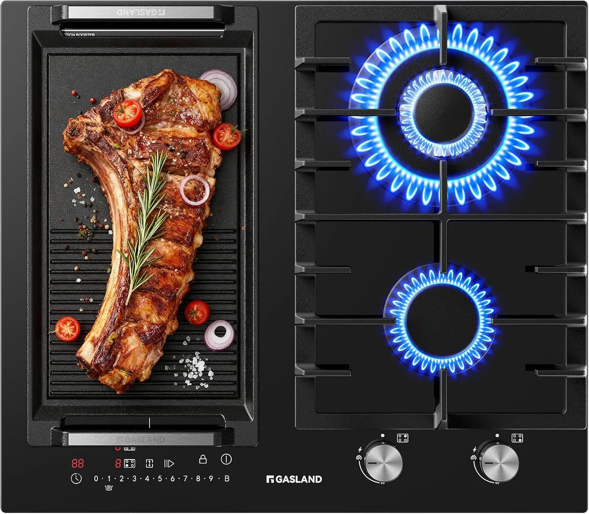 Plaque de cuisson GIH604BF GASLAND, mixte gaz et induction 60 cm, Induction 3500 W avec fonction BBQ, Gaz 5200 W avec brûleur wok, Sans poêle