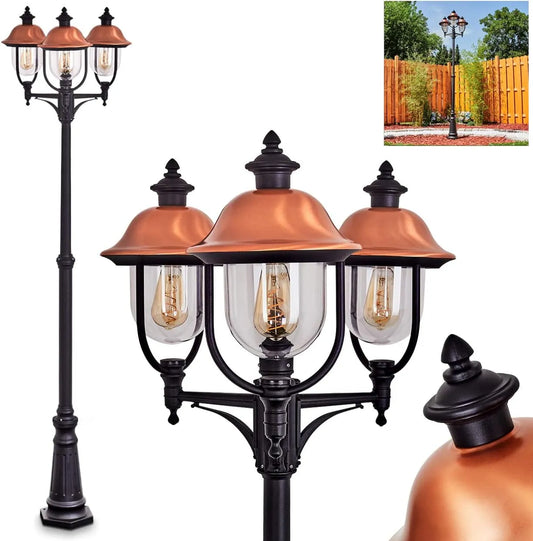 Modèle Gascon E27 IP44 Lampe éxterieur, cuivre, lampe d'allée pour jardin, cour, plastique finition noire, lampe de jardin rustique à 3 flammes 230cm