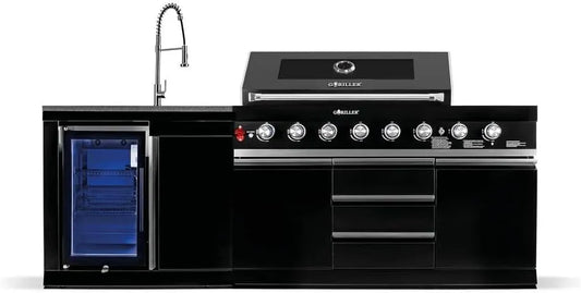 Barbecue à gaz, réfrigérateur intégré, GORILLER BLACKBACK S1 Cuisine d'extérieur XXL avec boîtier en acier inoxydable, robinet, finition noire