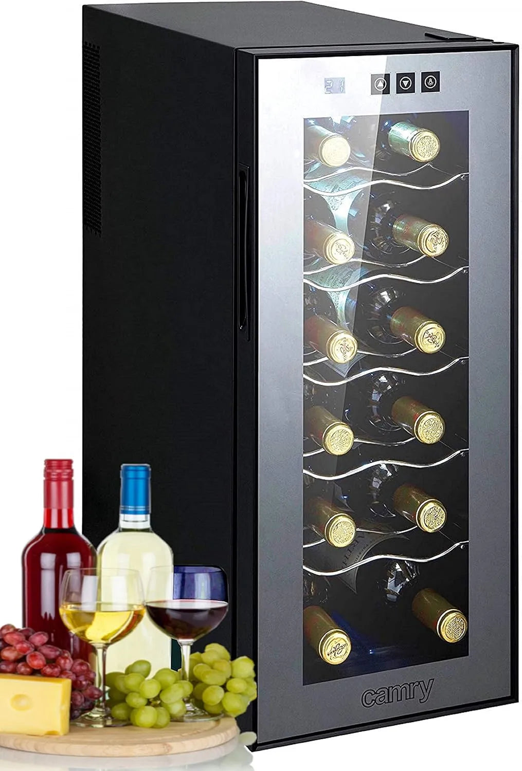 Cave à vin, Mini-réfrigérateur, capacité 33 litres, 12 bouteilles, Refroidisseur à vin, Minibar, Avec façade vitrée, Éclairage LED